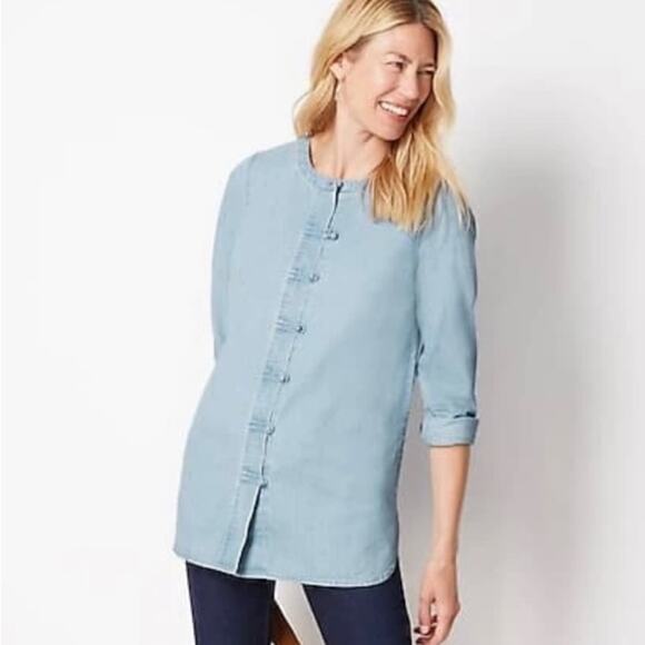 J. Jill Petite Denim Knot Button Long Sleeve Blouse Clarity Wash Petite XSP - Picture 2 of 12